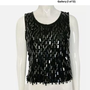 Vintage STENAY Black Sequin Silk Lined Sleeveless Top Blouse Beaded Medium